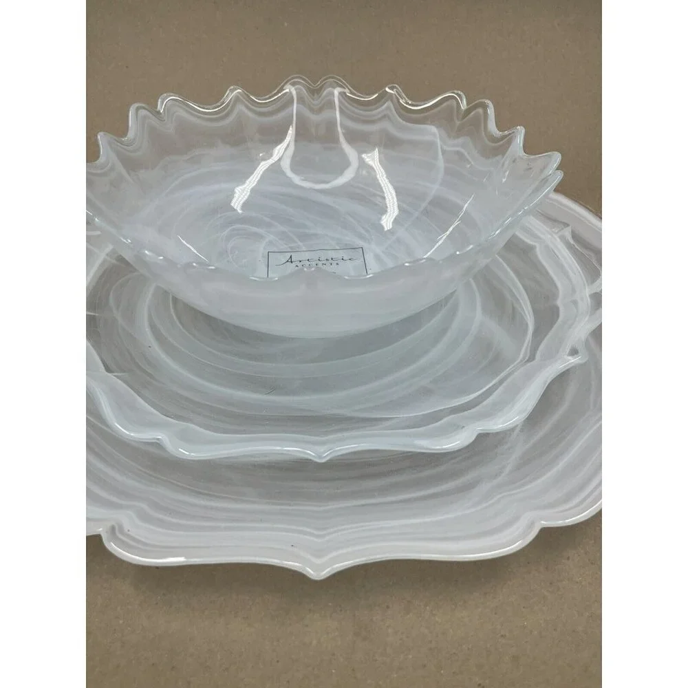 Artistic Accents Turkish Glass 4 Plates Set Entrée Dinner White Swirl 11
